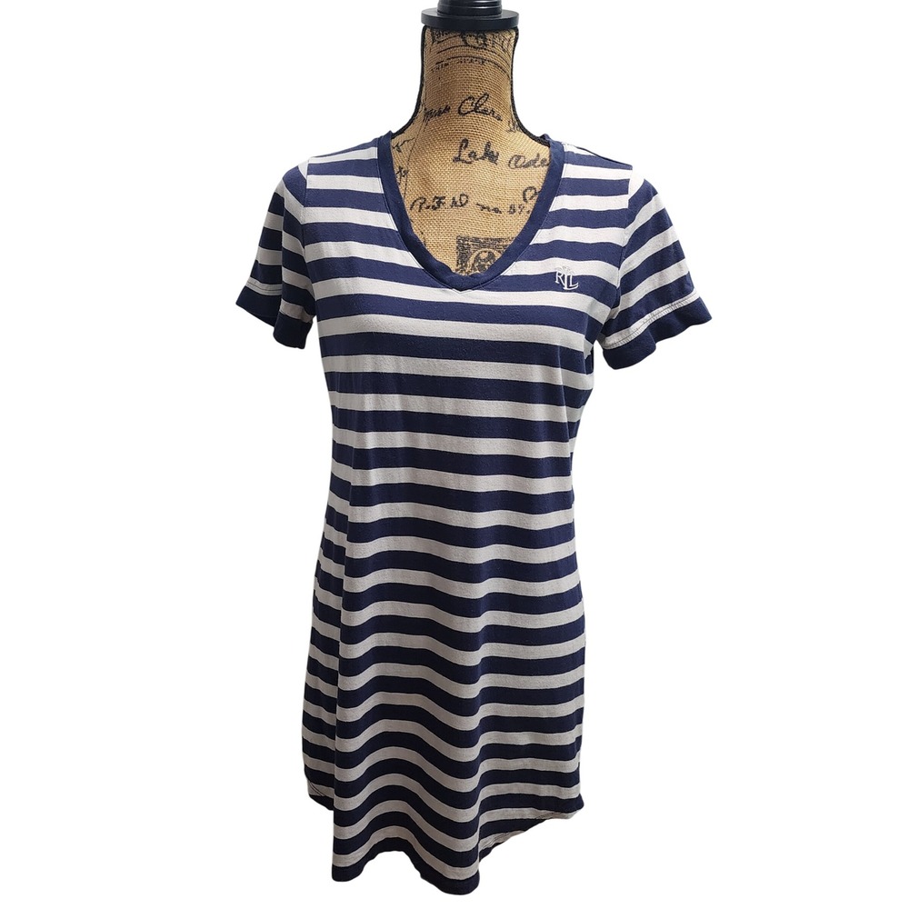 Lauren Ralph Lauren Navy‎ White Striped V Neck T Shirt Dress Size Medium